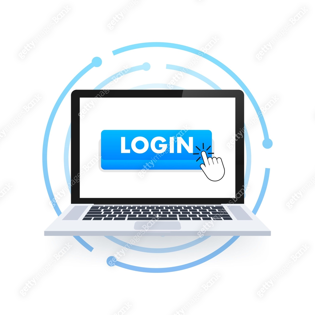 Blue login button. Cursor icon. Arrow icon. Web banner. Web template ...