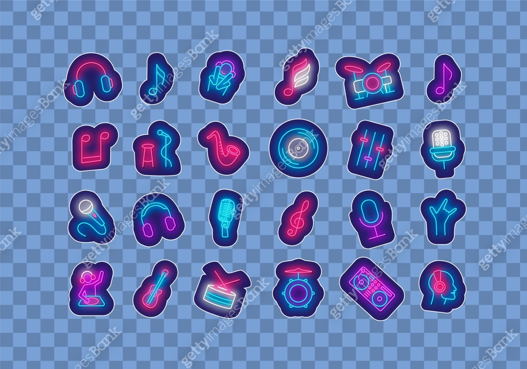 Music neon stickers collection. Microphone, volume and drum. Disk ...