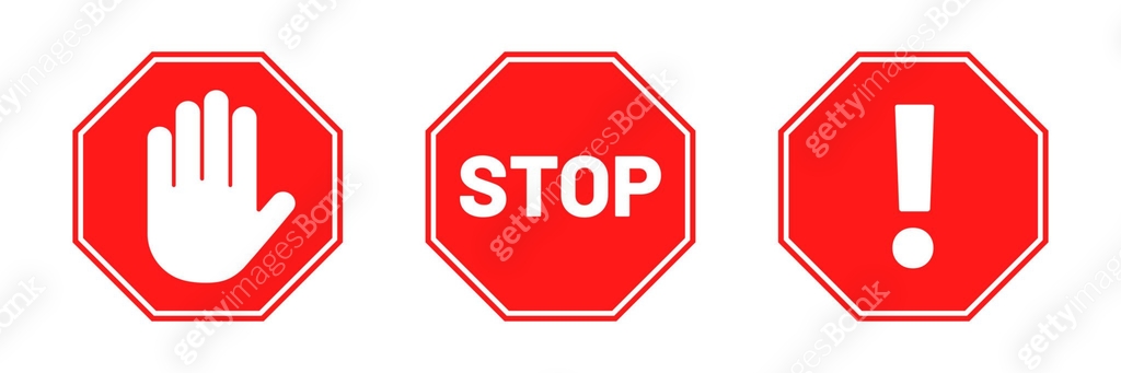 Stop signs collection. Red stop signs in octagon shape. Traffic warning ...