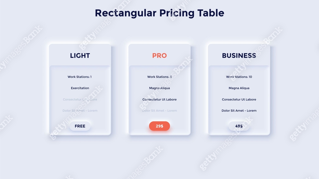 Three rectangular pricing tables or subscription plans with list of ...