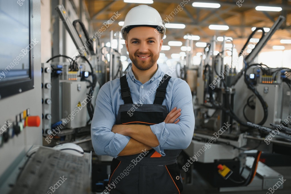 Operator wearing safety hat behind control panel on a factory 이미지 ...