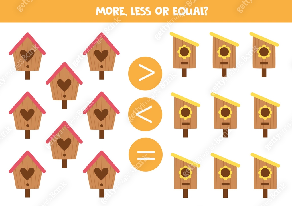 More, less or equal with wooden birdhouses. 이미지 (1457557481) 일러스트, 무료 ...