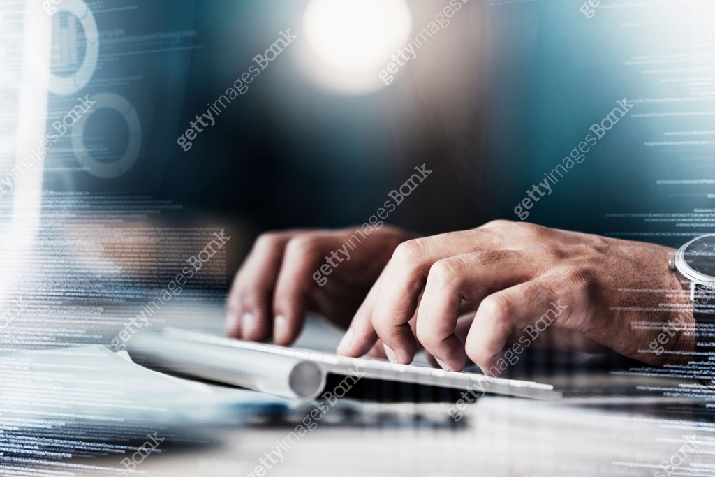 Developer, overlay and hands typing on a keyboard for digital ...