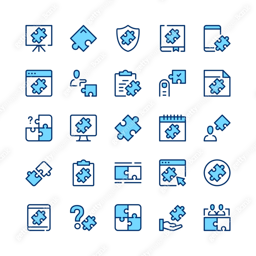Puzzle line icons. Set of puzzle icons. Blue color. Outline stroke ...