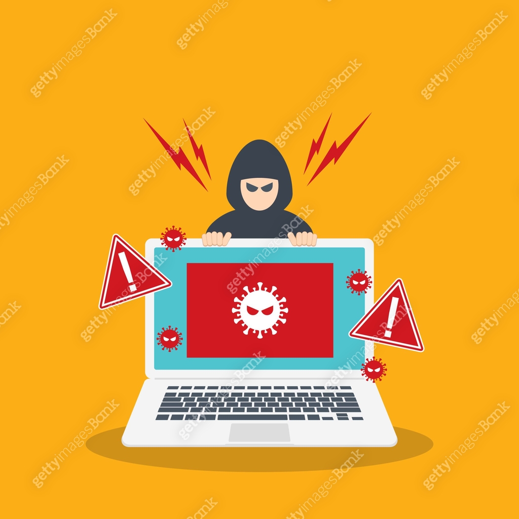 Hacker warning on laptop. Emergency alert of threat by hacker. Malware ...