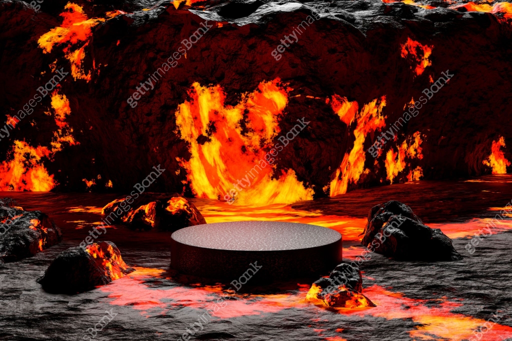 Volcano Platform 3D render Platform and natural Podium lava rocks smelt on volcano with ...