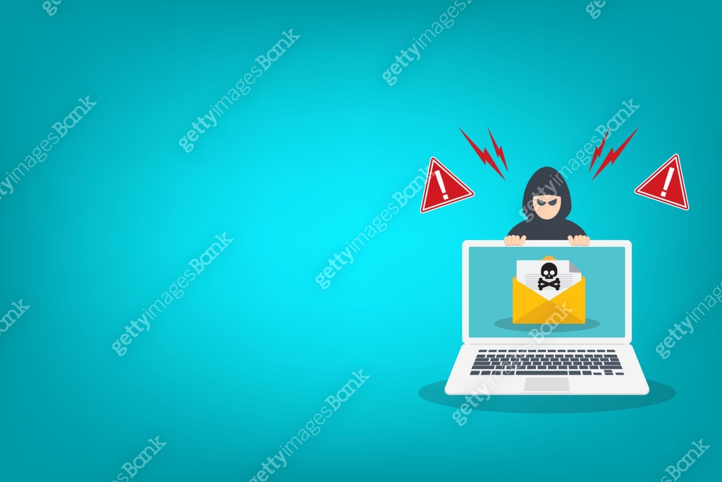 Hacker warning on laptop. Emergency alert of threat by hacker. Malware ...