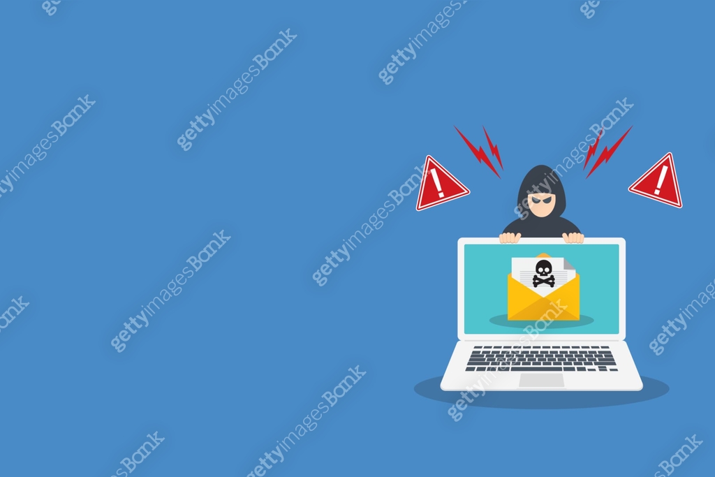 Hacker warning on laptop. Emergency alert of threat by hacker. Malware ...