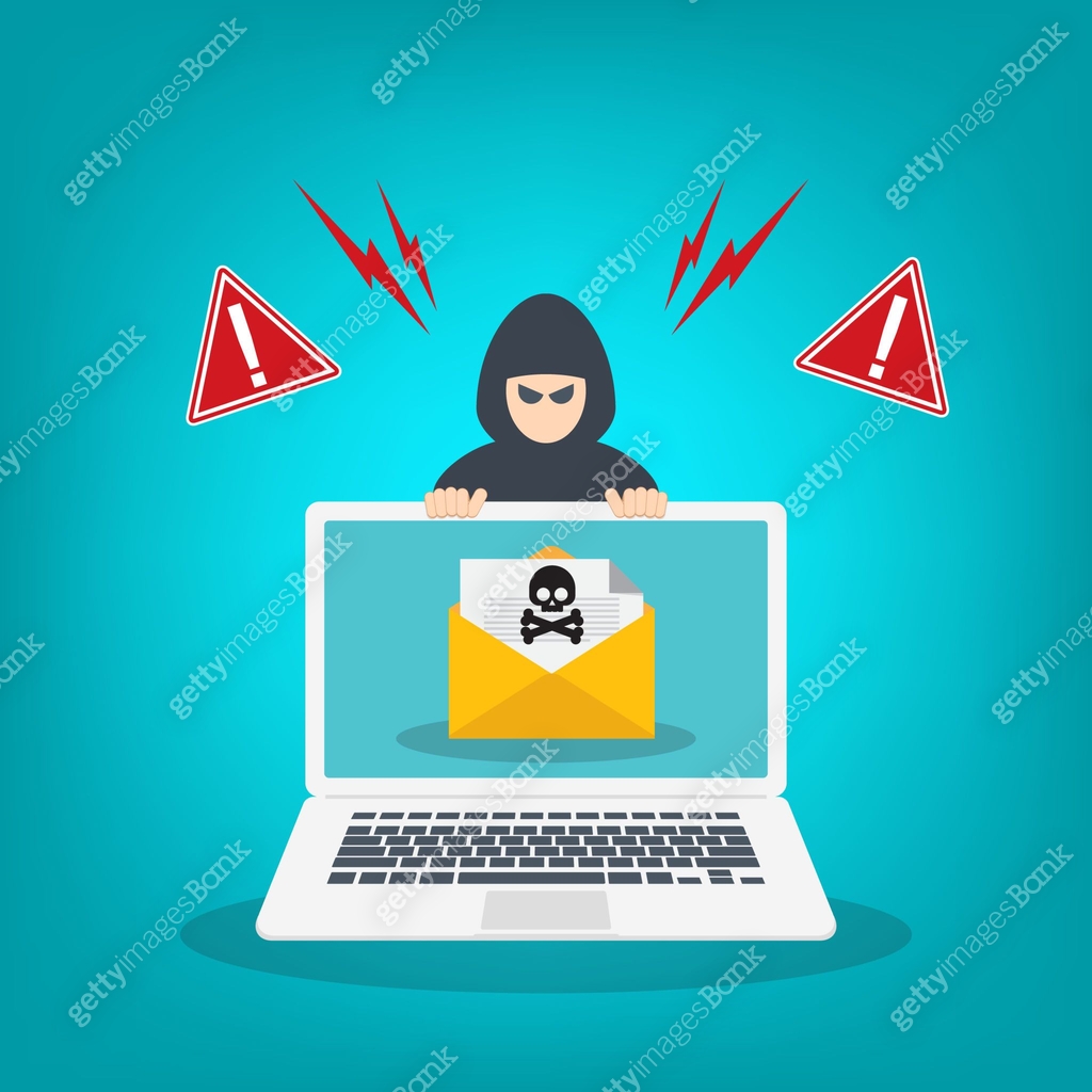 Hacker warning on laptop. Emergency alert of threat by hacker. Malware ...