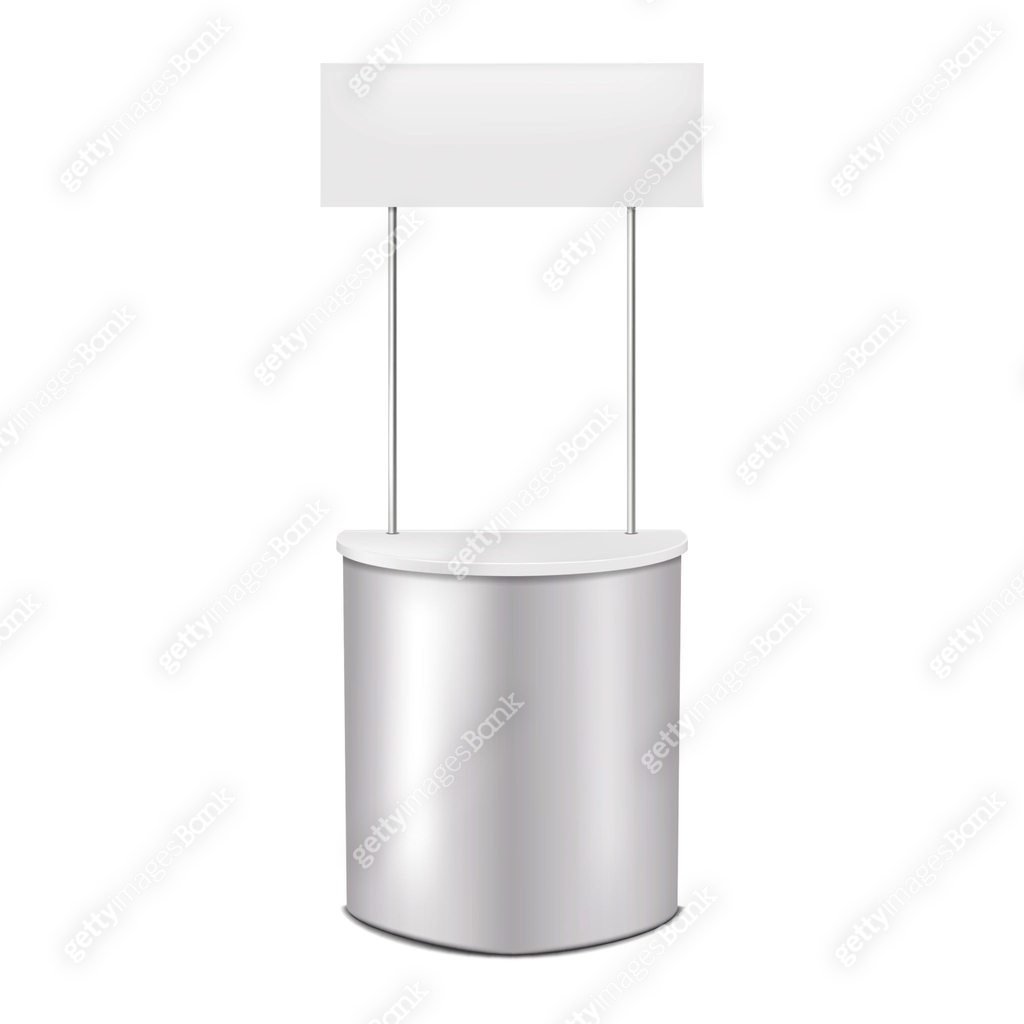Round Table Signage Round promotional table counter with blank signage board on white ...