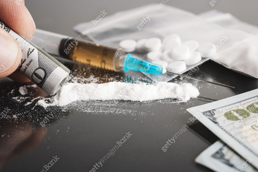 White Powder Line Snorting cocaine, white powder line, rolled up dollar bill, white pills ...