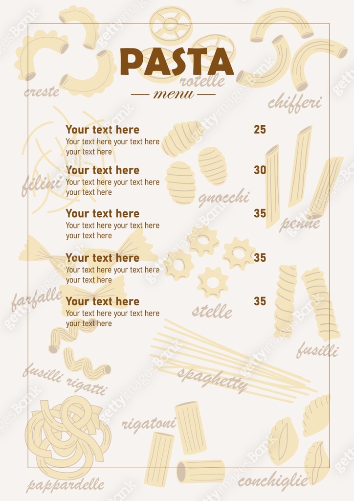 Pasta menu design template. Italian cuisine food. Dough product cooking ...