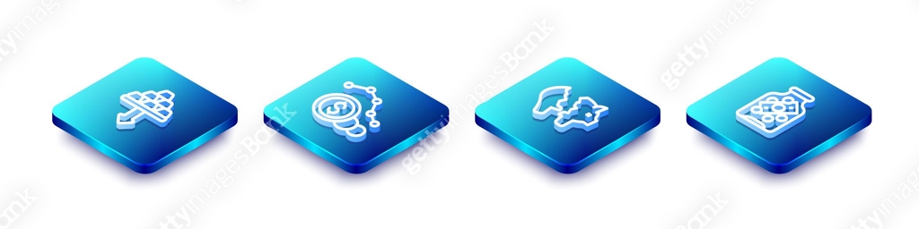 Set Isometric line Gold bars, Dollar rate decrease, Broken piggy bank ...