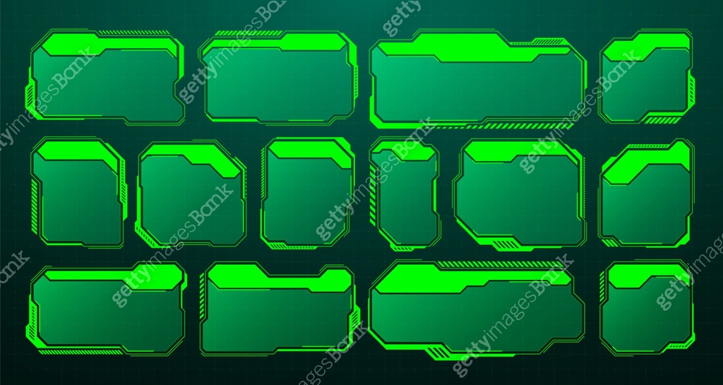 Green futuristic HUD, UI elements. Sci-fi user interface text boxes ...