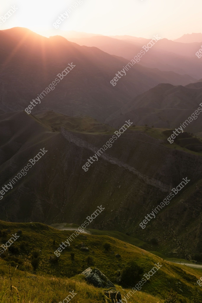 Zen serenity mountain landscape - high mountain ridges with green grass ...
