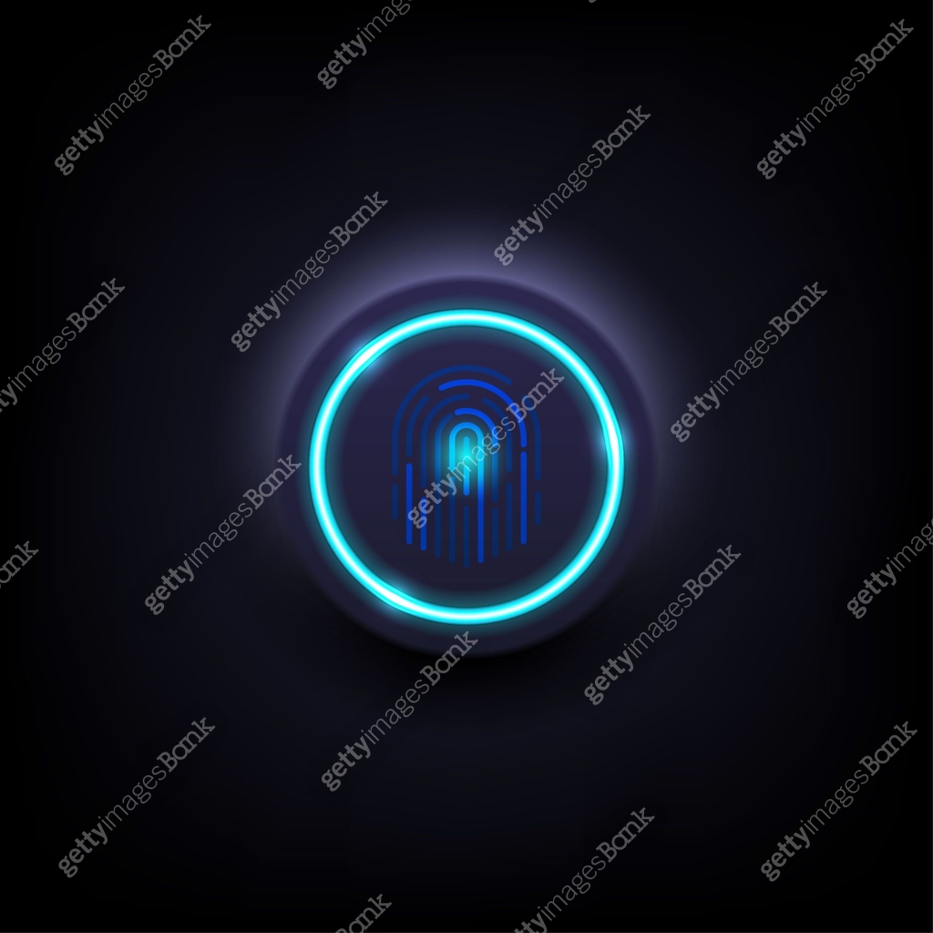 Neon glowing fingerprint button. Technology blue button light neon ...