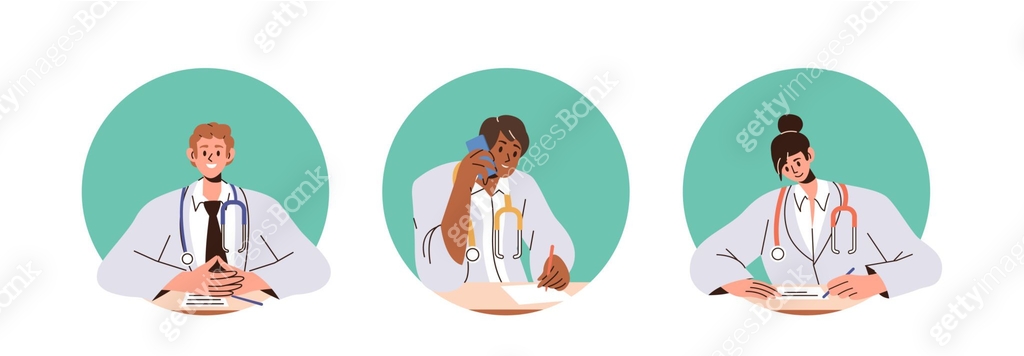 Doctor Rounding Drawing Set of isolated round icons with smiling doctor characters giving ...