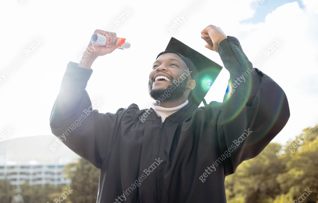Graduation, fist and black man celebrate success, achievement and ...
