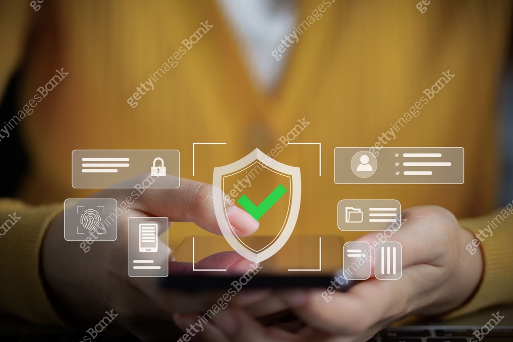 Hand Privacy Online privacy security concept. Female hand scanning fingerprints on ...