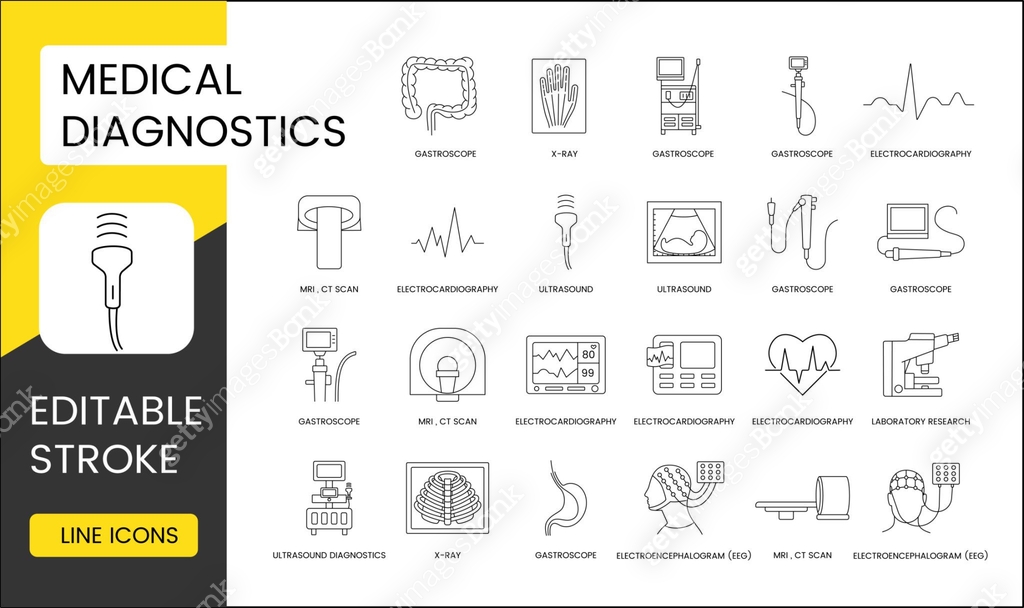 Medical diagnostics line icon set in vector, gastroscope and ...