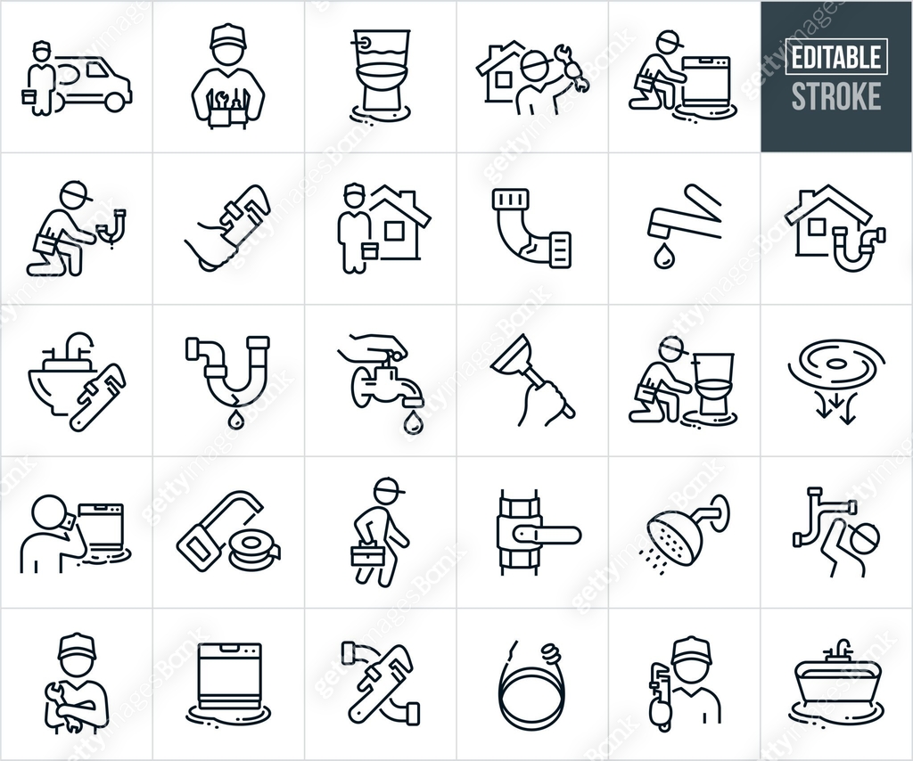 Plumber Icon Set Plumbers And Plumbing Thin Line Icons - Editable Stroke 이미지 (1481191669 ...