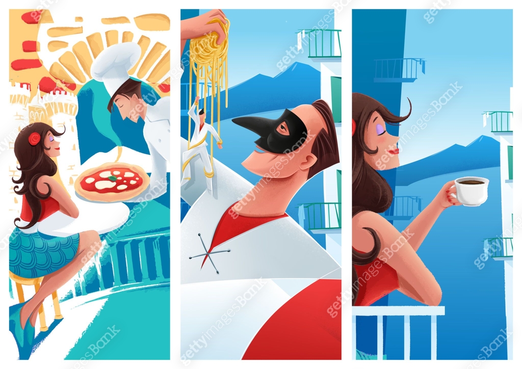 set of naples illustrations with pizza chef and woman drinking coffee ...