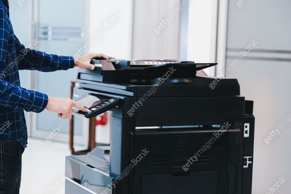 Copier printer, Close up hand office man press copy button on panel to ...