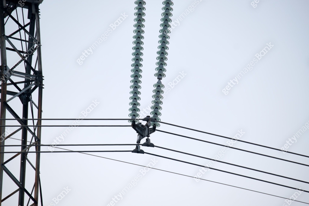 Electrtical String High voltage insulation string on steel pillar with electric power ...