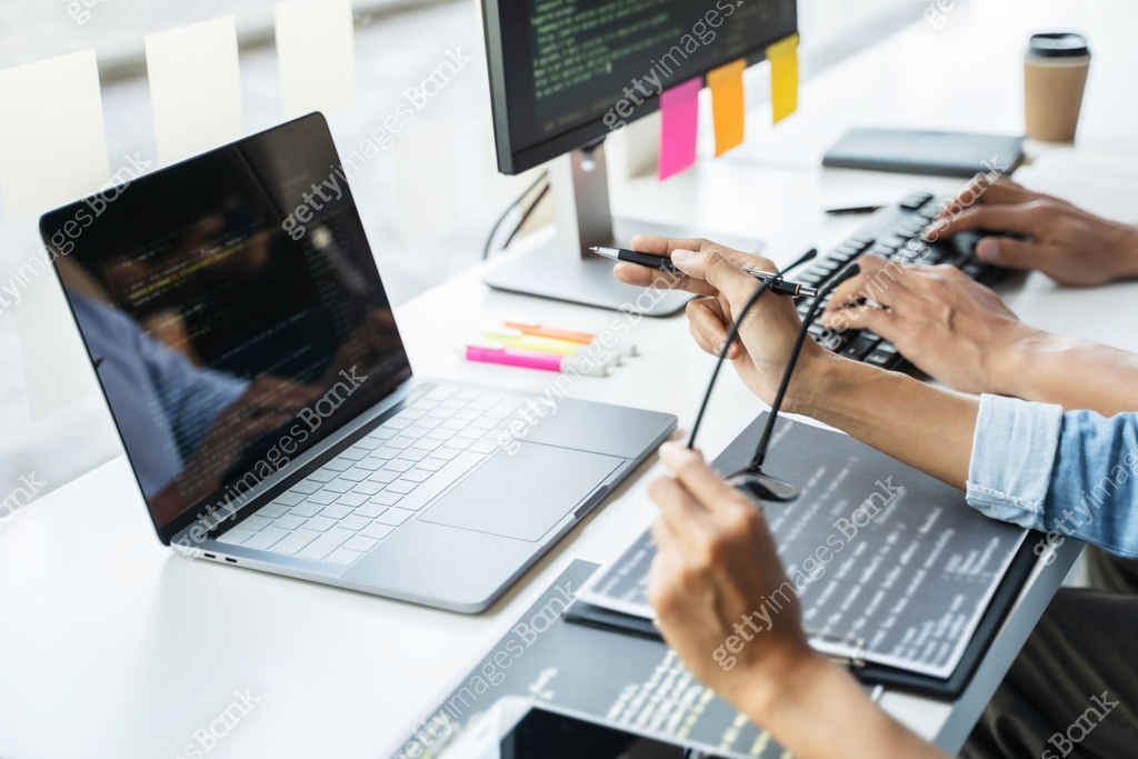 Programming developing software application. programmer writing program ...