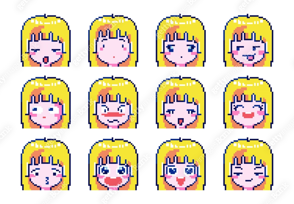 Cute Pixel Art Emote Icons. Expressive 8bit Blonde Girl Emoji ...