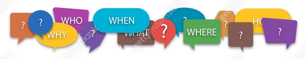 Questions who, what, how, why, for what and where on a colorful speech ...