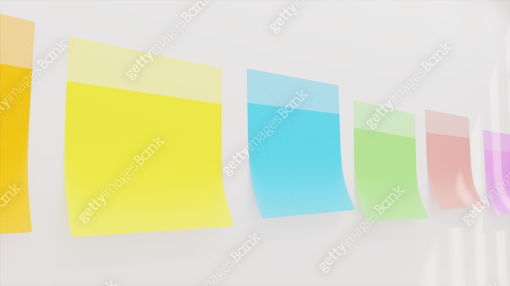 Colorful sticky papers on white wall, office theme, 3d illustration ์ด๋ฏธ์ง ...