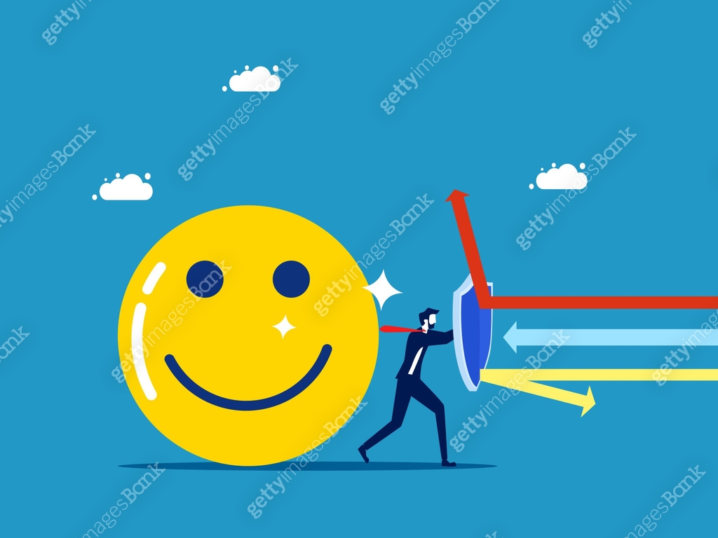 Protect positive thoughts. Businessman holding shield to protect ...