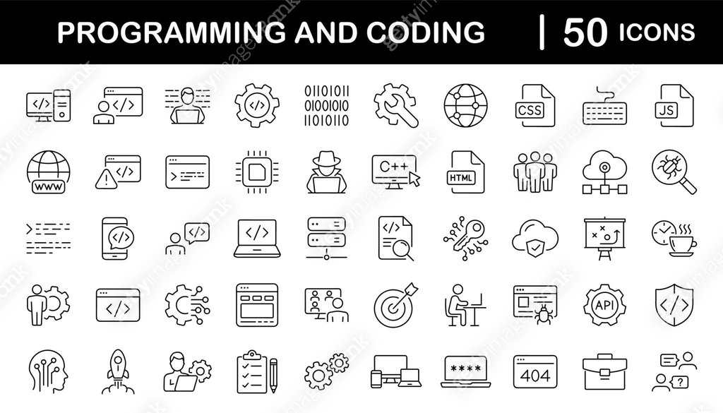 Programming coding set of web icons in line style. Software development ...