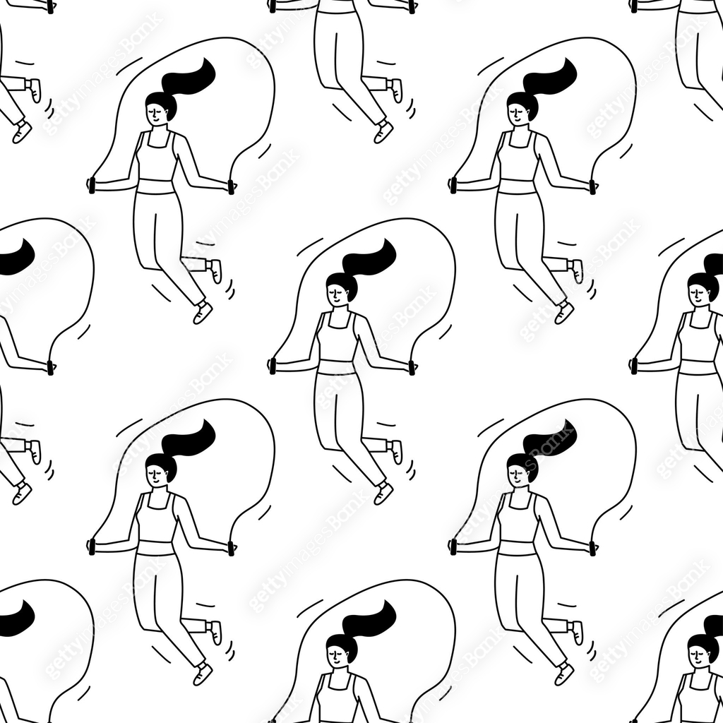 Seamless pattern with slim young woman jumping on skipping rope. Sport ...