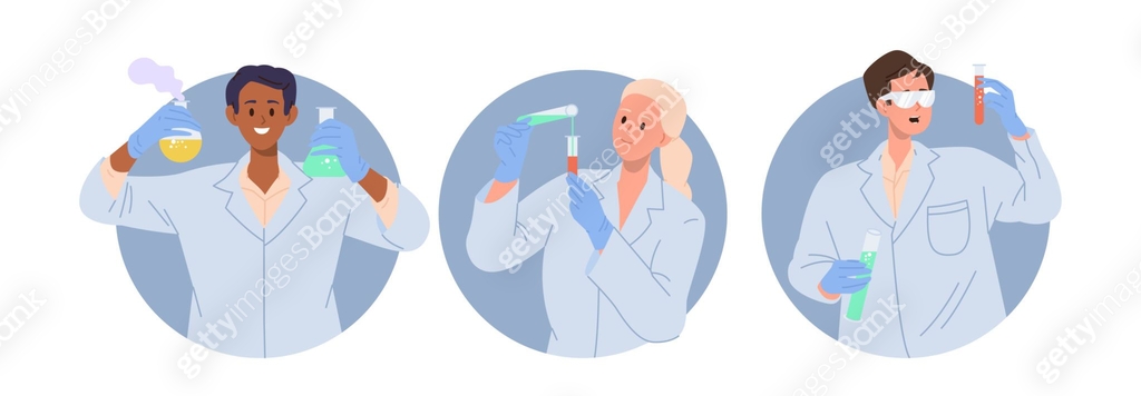 Round Lab Character Round composition set with cartoon laboratory researcher, chemistry ...