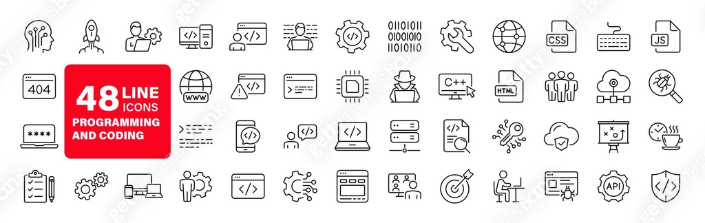Programming coding set of web icons in line style. Software development ...