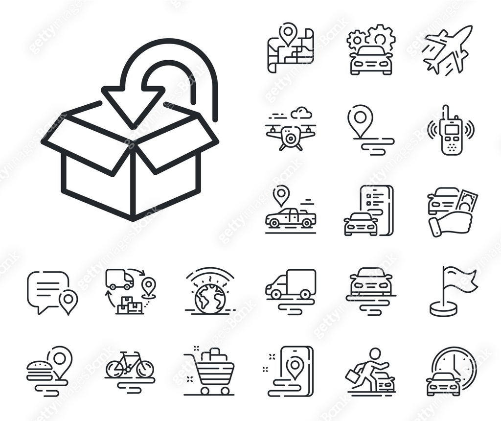 Return package line icon. Delivery box sign. Plane, supply chain and ...