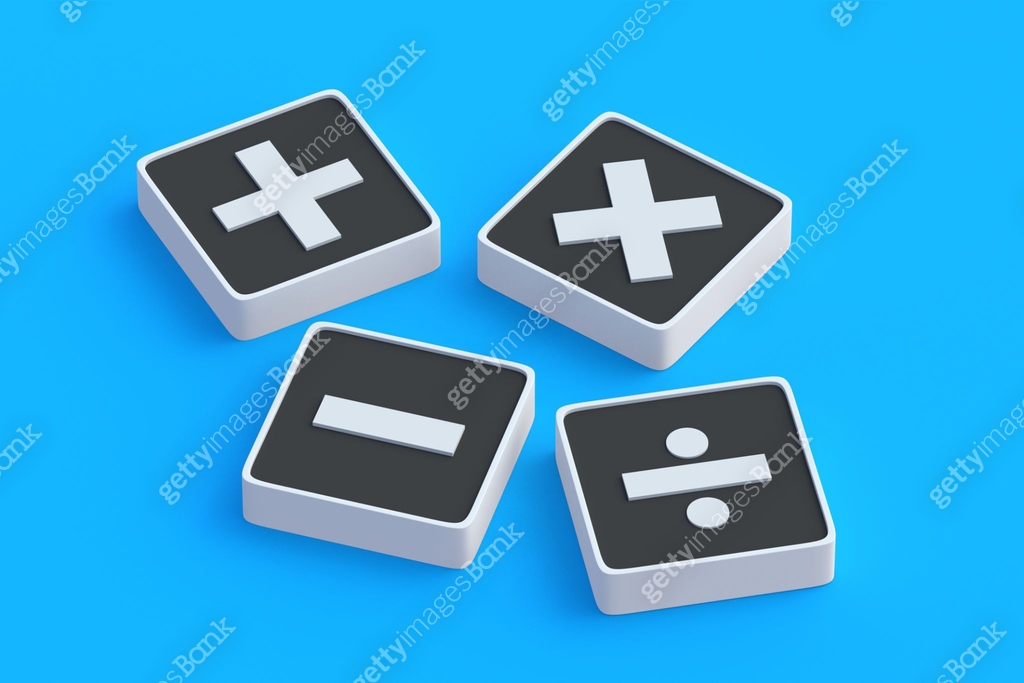 Plus, minus, multiply, divide. Mathematical symbols on buttons. Basic ...