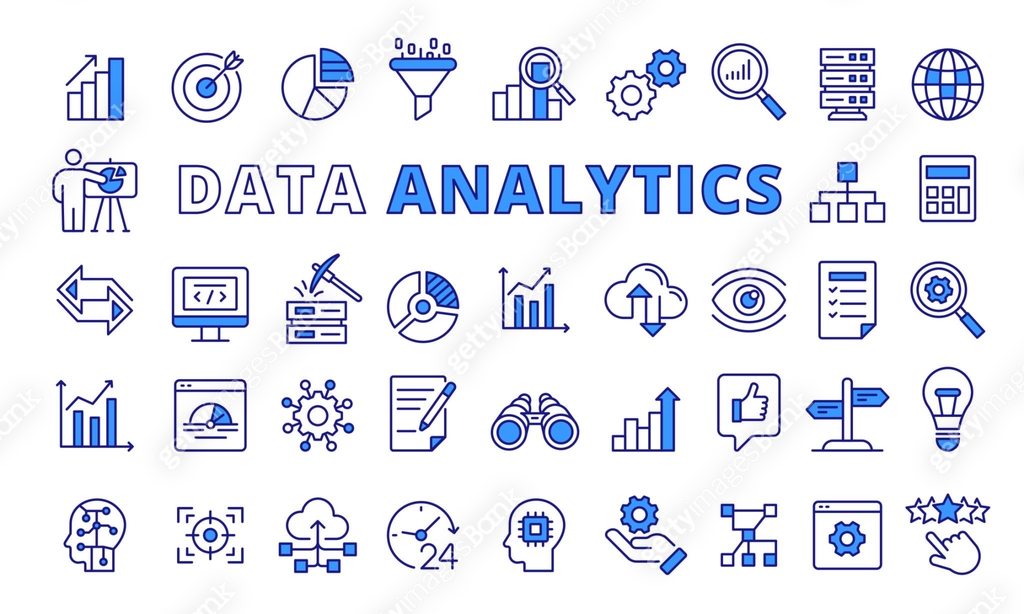 Set of Data analytics icons in line design blue.Data visualization ...