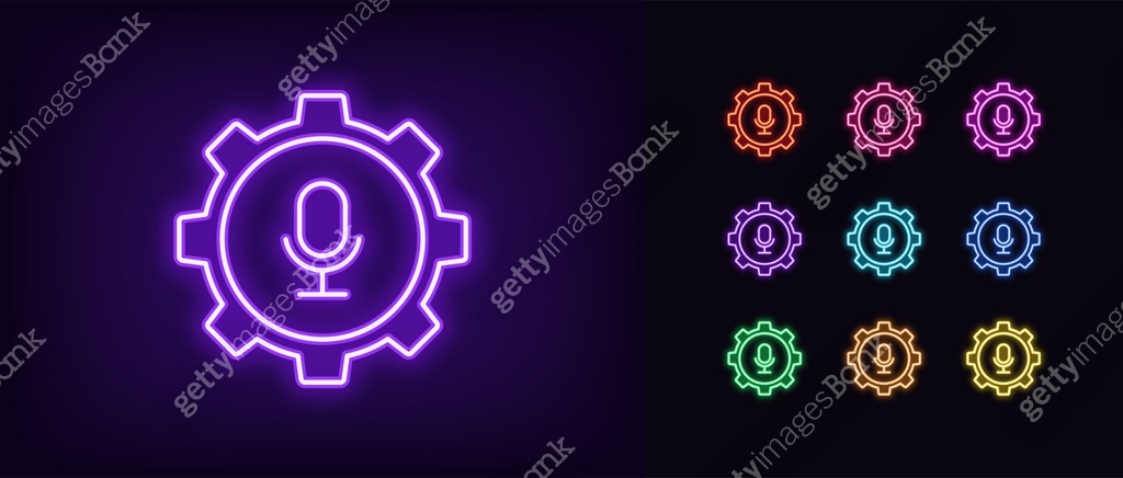 Outline neon mic settings icon set. Glowing neon gear wheel with ...