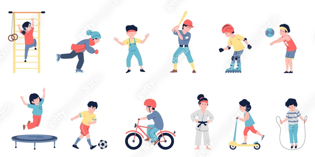 Kids activities, sporting and gaming children. Happy little athletics ...