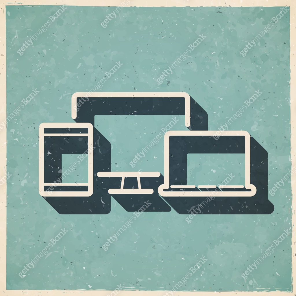 Computer Side Texture Old Desktop computer, tablet PC and laptop. Icon in retro vintage style ...