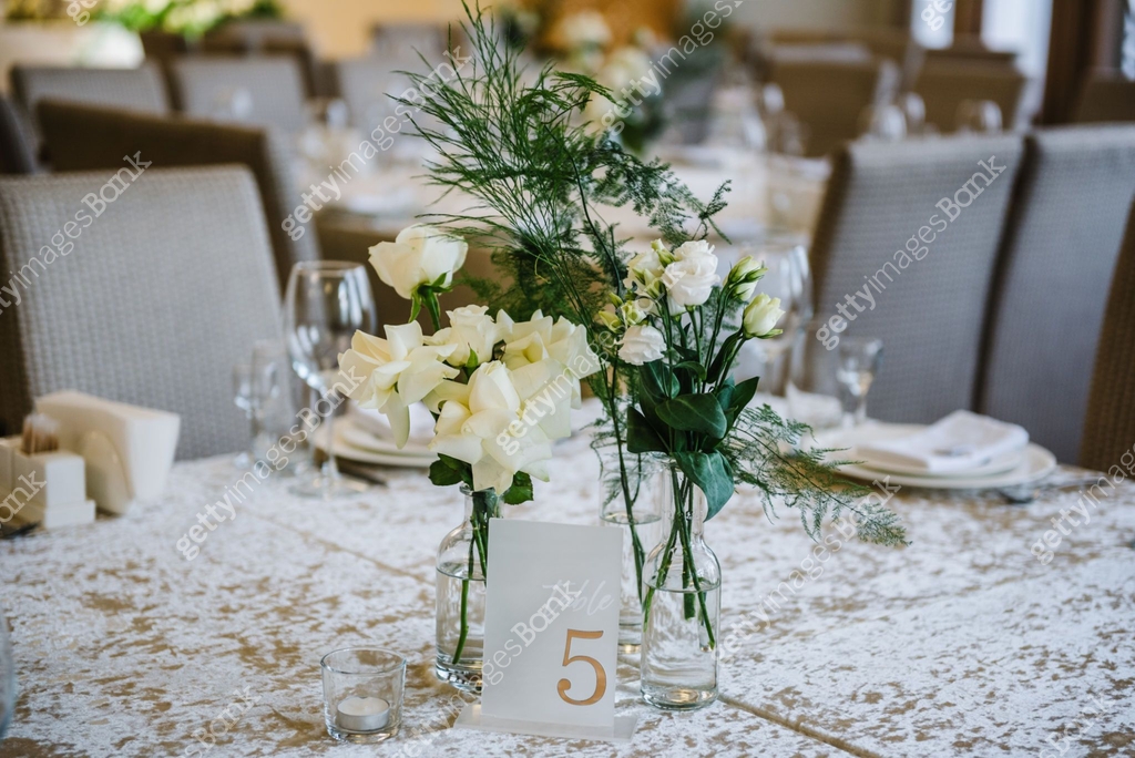 Table number 5. Stands, sign number five. Setup detail. Luxury ...