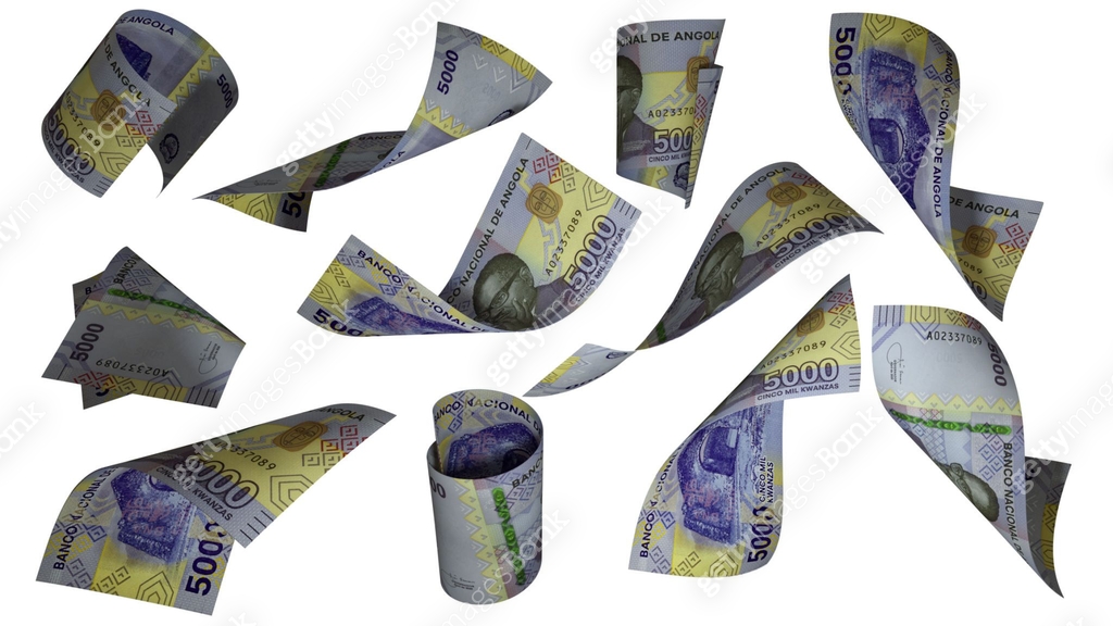 Angola Notes 3D rendering of Angolan Kwanza notes flying in different angles and ...