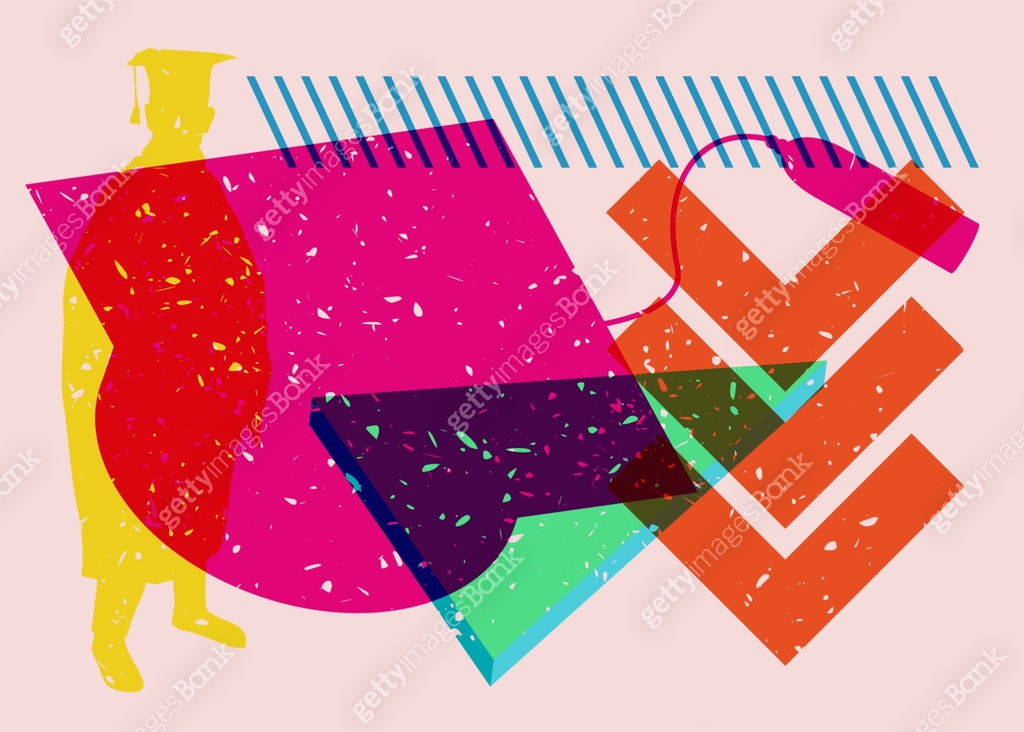 Colorful Graduate Student with geometric shapes. Object and man in ...