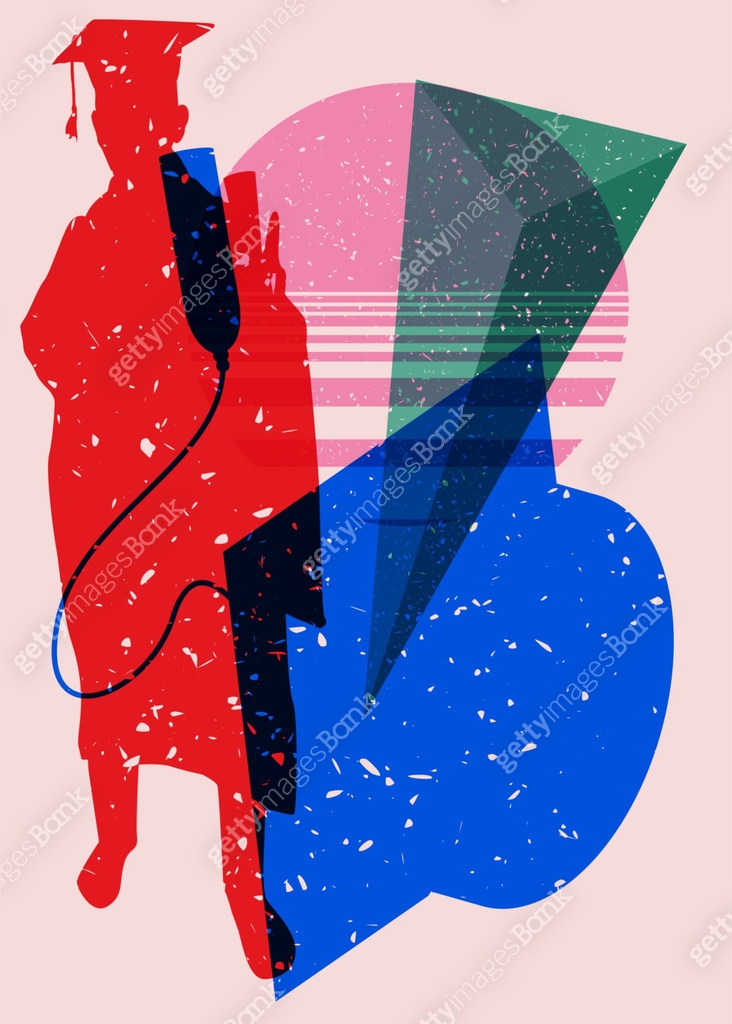 Colorful Graduate Student with geometric shapes. Object and man in ...