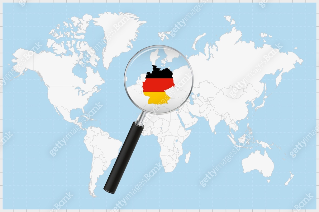 Word Map German Magnifying glass showing a map of Germany on a world map. 이미지 ...