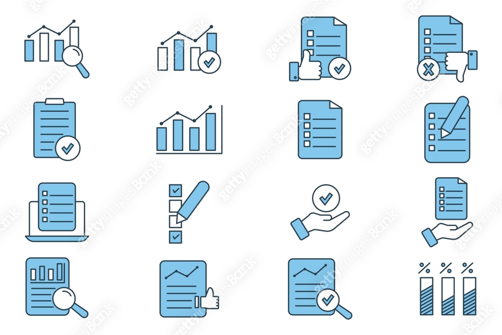 Survey set icon. Contains icons Checklist, graph, survey form, response ...