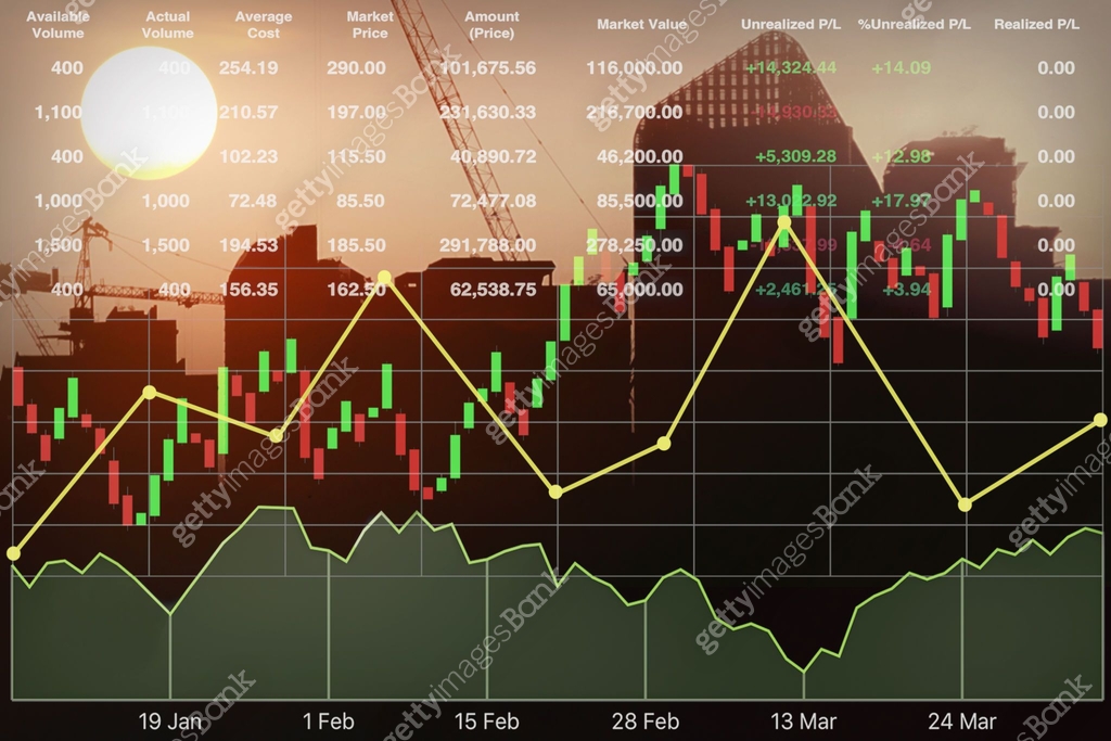 Stock financial index data forecast with silhouette architectural ...